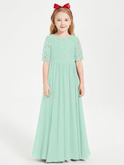 Robes de Demoiselle d'Honneur Junior en Dentelle à Demi-Manches Vert Menthe