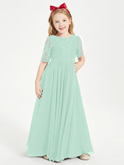 Robes de Demoiselle d'Honneur Junior en Dentelle à Demi-Manches Vert Menthe