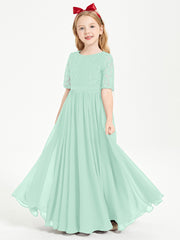 Robes de Demoiselle d'Honneur Junior en Dentelle à Demi-Manches Vert Menthe