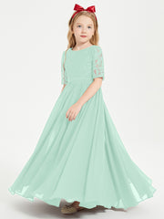 Robes de Demoiselle d'Honneur Junior en Dentelle à Demi-Manches Vert Menthe