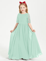 Robes de Demoiselle d'Honneur Junior en Dentelle à Demi-Manches Vert Menthe