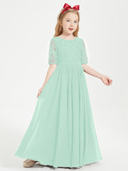 Robes de Demoiselle d'Honneur Junior en Dentelle à Demi-Manches Vert Menthe