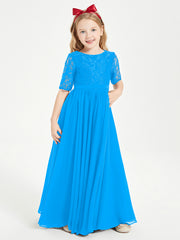 Robes de Demoiselle d'Honneur Junior en Dentelle à Demi-Manches Bleu Océan