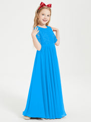 Robes de Demoiselle d'Honneur Junior en Dentelle à Demi-Manches Bleu Océan
