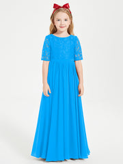 Robes de Demoiselle d'Honneur Junior en Dentelle à Demi-Manches Bleu Océan