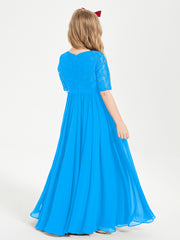 Robes de Demoiselle d'Honneur Junior en Dentelle à Demi-Manches Bleu Océan