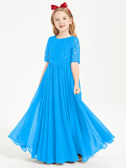 Robes de Demoiselle d'Honneur Junior en Dentelle à Demi-Manches Bleu Océan