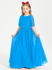 Robes de Demoiselle d'Honneur Junior en Dentelle à Demi-Manches Bleu Océan