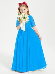 Robes de Demoiselle d'Honneur Junior en Dentelle à Demi-Manches Bleu Océan
