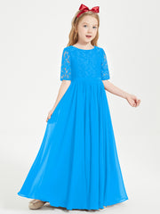 Robes de Demoiselle d'Honneur Junior en Dentelle à Demi-Manches Bleu Océan