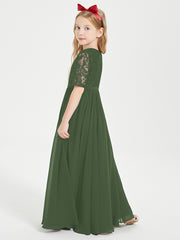 Robes de Demoiselle d'Honneur Junior en Dentelle à Demi-Manches Olive Verte