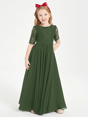 Robes de Demoiselle d'Honneur Junior en Dentelle à Demi-Manches Olive Verte