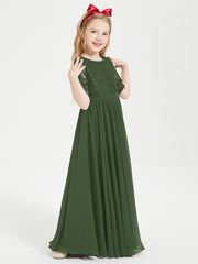 Robes de Demoiselle d'Honneur Junior en Dentelle à Demi-Manches Olive Verte