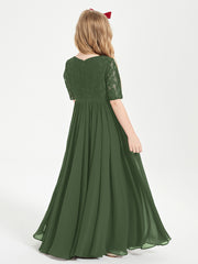 Robes de Demoiselle d'Honneur Junior en Dentelle à Demi-Manches Olive Verte