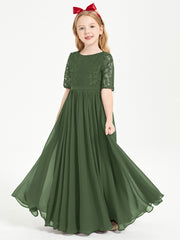 Robes de Demoiselle d'Honneur Junior en Dentelle à Demi-Manches Olive Verte