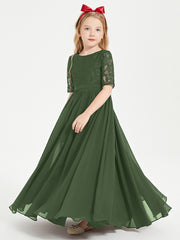 Robes de Demoiselle d'Honneur Junior en Dentelle à Demi-Manches Olive Verte
