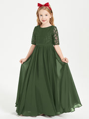 Robes de Demoiselle d'Honneur Junior en Dentelle à Demi-Manches Olive Verte