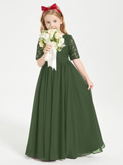 Robes de Demoiselle d'Honneur Junior en Dentelle à Demi-Manches Olive Verte