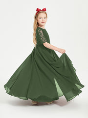 Robes de Demoiselle d'Honneur Junior en Dentelle à Demi-Manches Olive Verte