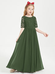Robes de Demoiselle d'Honneur Junior en Dentelle à Demi-Manches Olive Verte