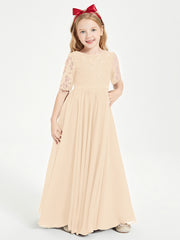 Robes de Demoiselle d'Honneur Junior en Dentelle à Demi-Manches Pêche
