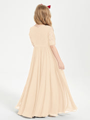 Robes de Demoiselle d'Honneur Junior en Dentelle à Demi-Manches Pêche