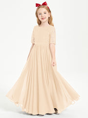 Robes de Demoiselle d'Honneur Junior en Dentelle à Demi-Manches Pêche