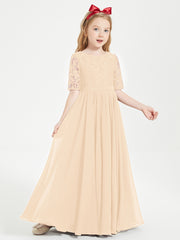 Robes de Demoiselle d'Honneur Junior en Dentelle à Demi-Manches Pêche