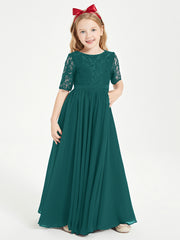 Robes de Demoiselle d'Honneur Junior en Dentelle à Demi-Manches Paon