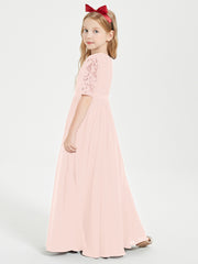 Robes de Demoiselle d'Honneur Junior en Dentelle à Demi-Manches Rose Perle