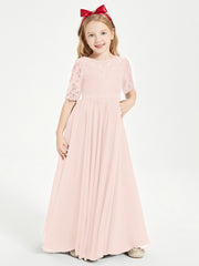 Robes de Demoiselle d'Honneur Junior en Dentelle à Demi-Manches Rose Perle