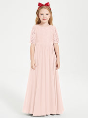Robes de Demoiselle d'Honneur Junior en Dentelle à Demi-Manches Rose Perle