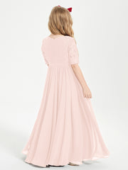 Robes de Demoiselle d'Honneur Junior en Dentelle à Demi-Manches Rose Perle