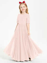 Robes de Demoiselle d'Honneur Junior en Dentelle à Demi-Manches Rose Perle