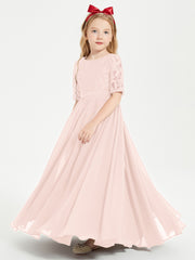 Robes de Demoiselle d'Honneur Junior en Dentelle à Demi-Manches Rose Perle