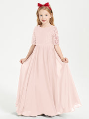 Robes de Demoiselle d'Honneur Junior en Dentelle à Demi-Manches Rose Perle