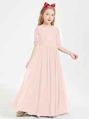 Robes de Demoiselle d'Honneur Junior en Dentelle à Demi-Manches Rose Perle