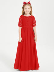 Robes de Demoiselle d'Honneur Junior en Dentelle à Demi-Manches Rouge