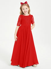 Robes de Demoiselle d'Honneur Junior en Dentelle à Demi-Manches Rouge