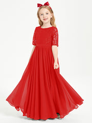 Robes de Demoiselle d'Honneur Junior en Dentelle à Demi-Manches Rouge