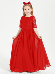 Robes de Demoiselle d'Honneur Junior en Dentelle à Demi-Manches Rouge