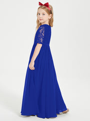 Robes de Demoiselle d'Honneur Junior en Dentelle à Demi-Manches Bleu Royale