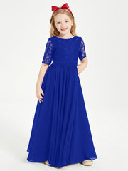 Robes de Demoiselle d'Honneur Junior en Dentelle à Demi-Manches Bleu Royale
