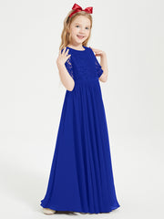 Robes de Demoiselle d'Honneur Junior en Dentelle à Demi-Manches Bleu Royale