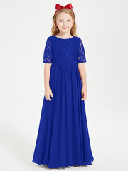 Robes de Demoiselle d'Honneur Junior en Dentelle à Demi-Manches Bleu Royale