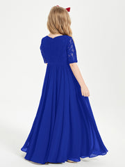 Robes de Demoiselle d'Honneur Junior en Dentelle à Demi-Manches Bleu Royale