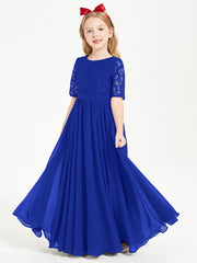 Robes de Demoiselle d'Honneur Junior en Dentelle à Demi-Manches Bleu Royale