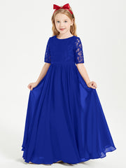 Robes de Demoiselle d'Honneur Junior en Dentelle à Demi-Manches Bleu Royale