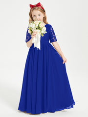 Robes de Demoiselle d'Honneur Junior en Dentelle à Demi-Manches Bleu Royale