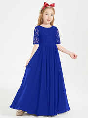 Robes de Demoiselle d'Honneur Junior en Dentelle à Demi-Manches Bleu Royale